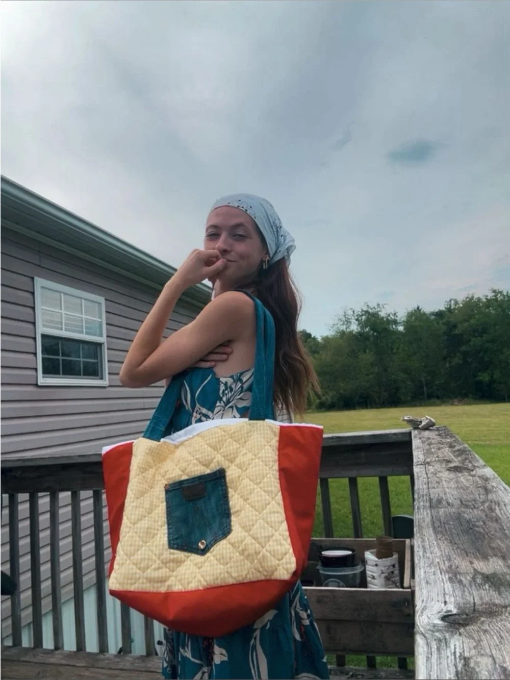 Casual Quilted Tote Bag with Denim Pocket - Red, Yellow, Teal